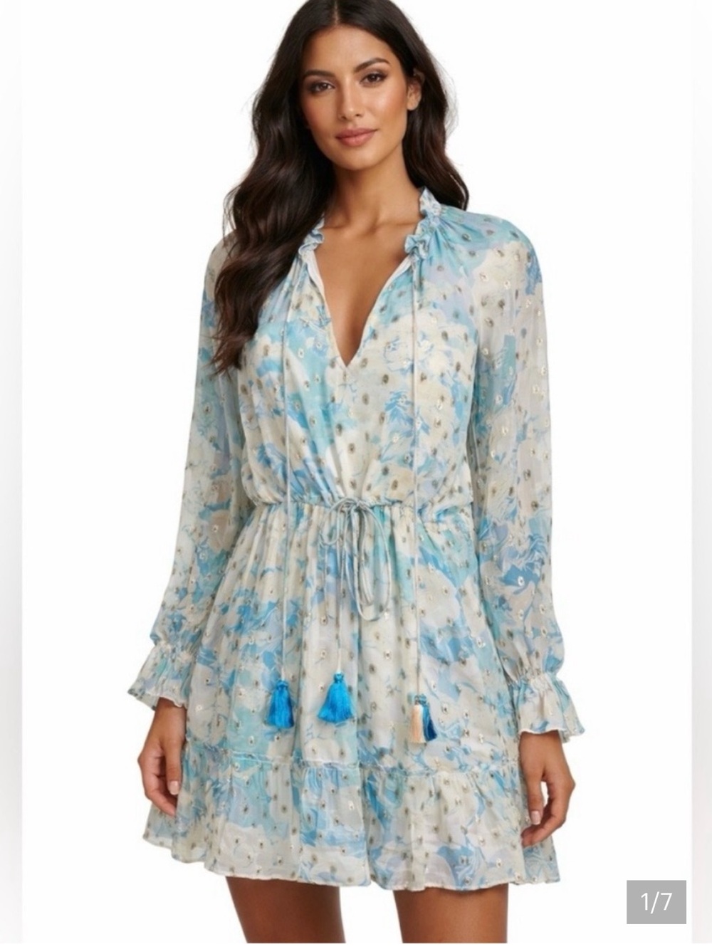 HEMANT & NANDITA Pastel Blue and Cream Floral Chiffon Dress